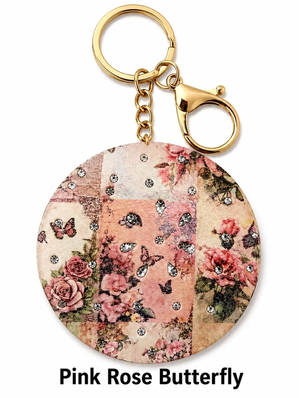 Floral Butterfly Rhinestone Compact Mirror Keychain Gold Tone